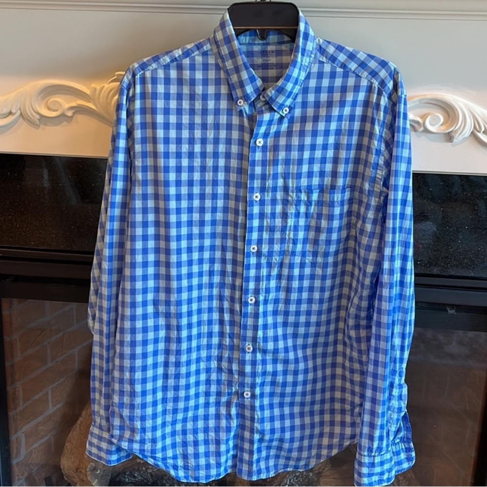 J Crew Mens Button Down Front Blue Check Long Sleeve Shirt Lightweight M Cotton